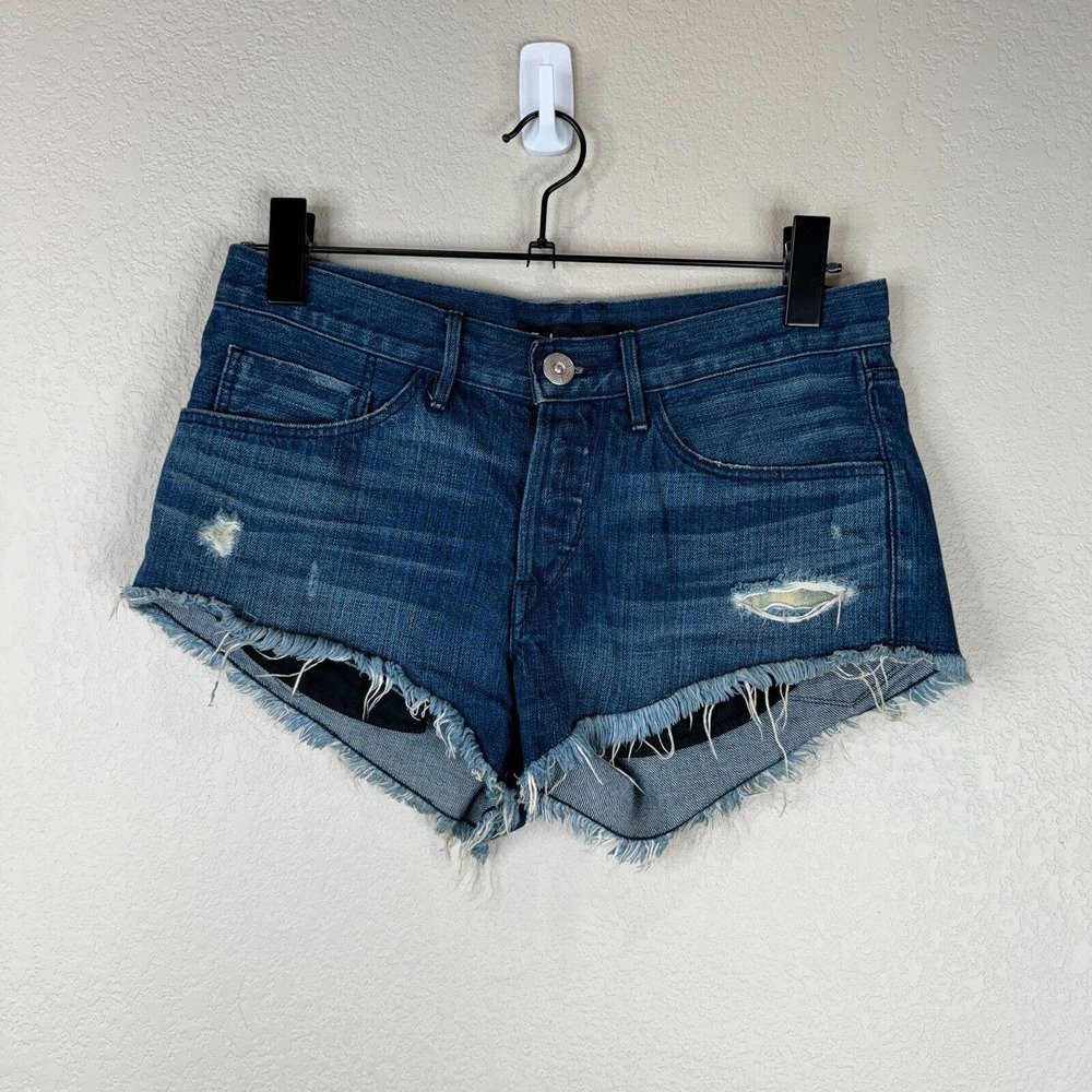 3x1 Women's Mid Rise Distressed Denim‎ Shorts Raw Hem Blue Size 25